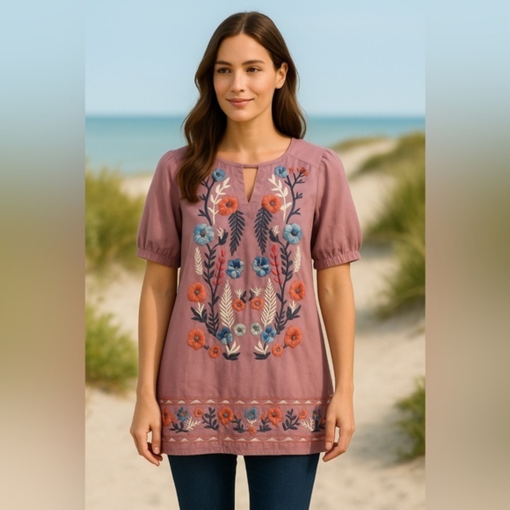 Jodifl Mauve Rose Embroidered Tunic Top – Rayon Boho Coastal Blouse NWT 1X #2457
